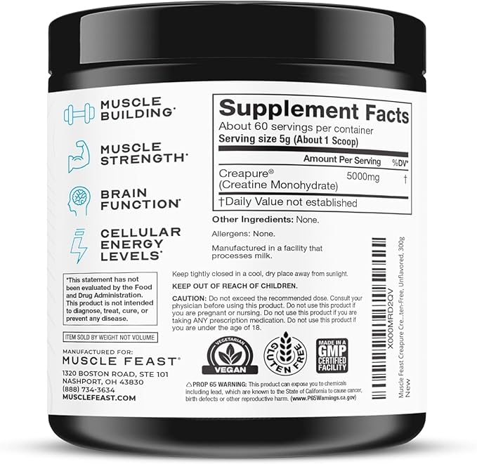 Muscle Feast Creapure Creatine Monohydrate Powder, Vegan Keto Friendly Gluten-Free, Mass Gainer, Muscle Recovery Supplement and Trusted Creatine for Muscle Growth, Creatine Powder, Unflavored, 300g