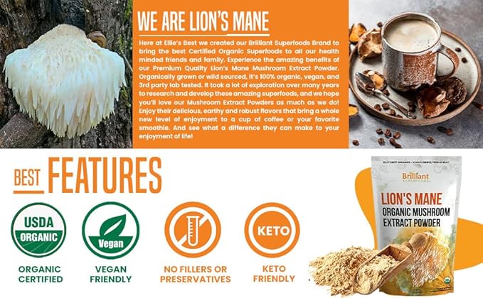 Ellie's Best Lions Mane Mushroom Extract Powder Supplement Organic 114 Servings - Double Extracted for Highest Potency - Dissolves in Coffee, Tea, Juice etc.4oz