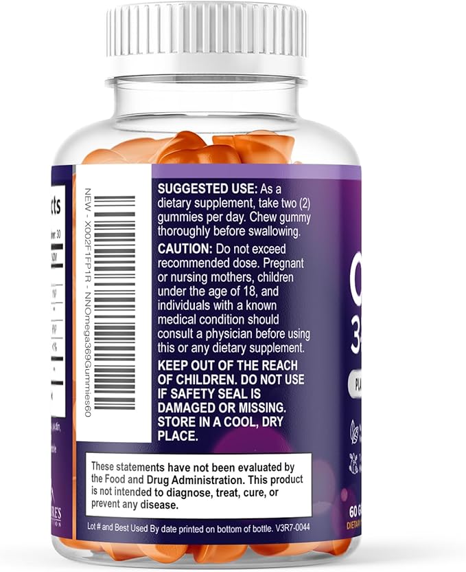 Omega 3 6 9 Gummies - Vegan Omega 3 Supplement Gummy - Essential Fatty Acids Oil 369 Complex Heart Support & Brain Support for Women, Men & Pregnancy, Fish Free Non-GMO, Orange Flavored - 60 Gummies