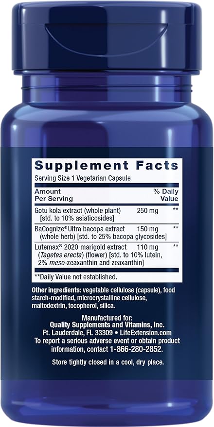 Life Extension Quick Brain Nootropic, Fast Thinking, Learning, Concentration, Lutein, zeaxanthin, gotu kola, bacopa, Gluten Free, Non-GMO, Vegetarian, 1 Daily, 30 Capsules