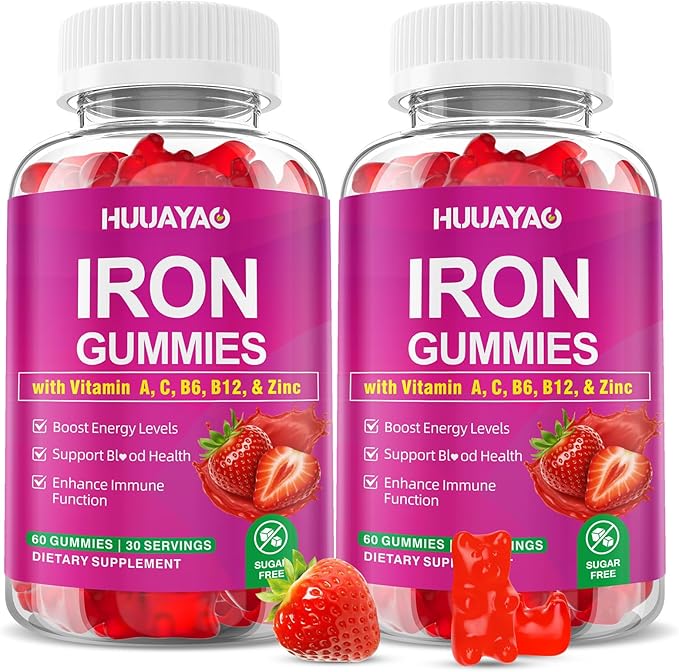 Iron Supplement Gummies for Women & Men, Vegan Iron Gummies with Vitamin C, A, B-Complex, Folate, Zinc for Blood Building & Energy Support, Strawberry Flavor, 120 Count