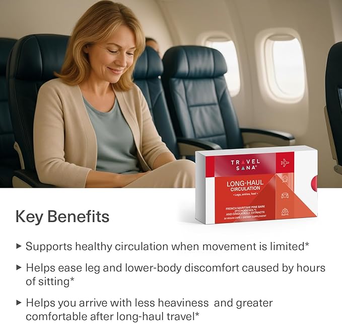 Long-Haul Circulation | Reduce Swollen Legs, Ankles, Feet | Relieve Leg Discomfort from Long Flights | Travel Essentials | Pycnogenol 100 mg & Ginger Root Extract | 30 Servings (Vegan Caps)