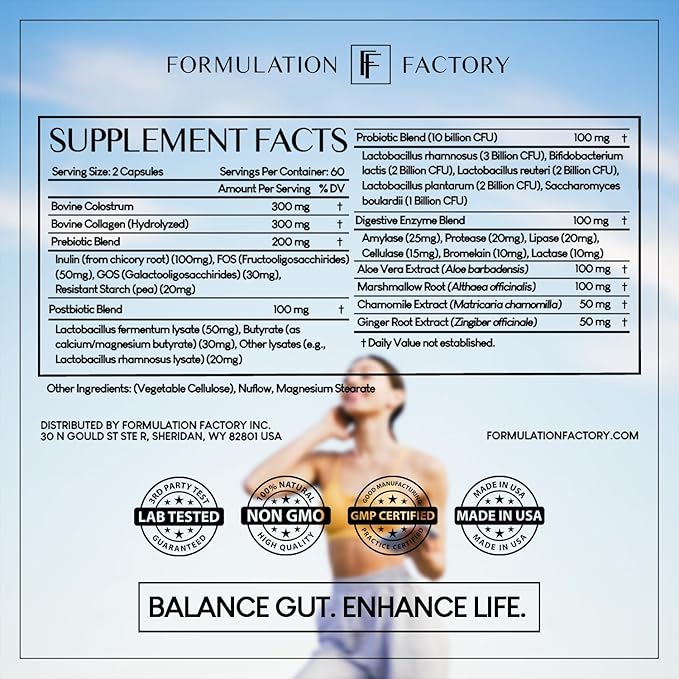 Formulation Factory Gut Intellect 10-in-1 Microbiome Supplement, Prebiotics, Probiotics, Postbiotics, Colostrum, Collagen, Aloe Vera, Chamomile, Ginger, Enzymes, Digestive, 360 Cap (3 Pack)