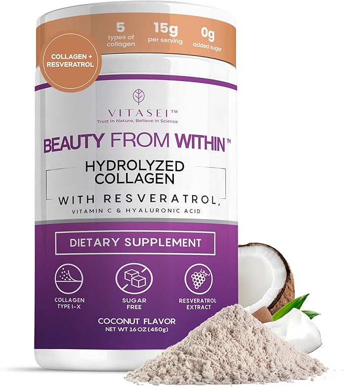 VITASEI Hydrolyzed Collagen Peptides Powder with Resveratrol & Vitamin C – Hair, Skin & Joint Support with Hyaluronic Acid – Colágeno Hidrolizado for Women & Men – Coconut Flavor, 16 oz (30 Servings)