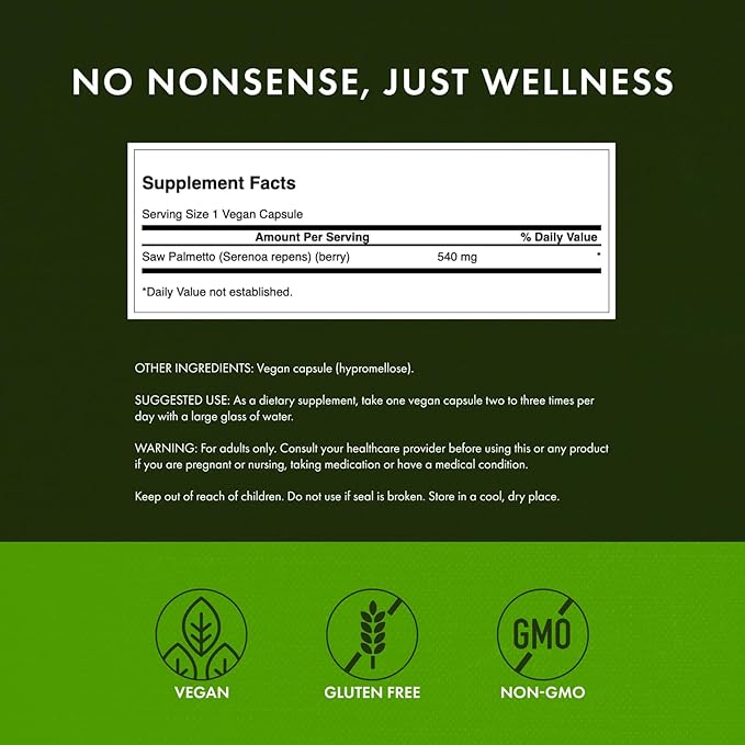 Swanson Saw Palmetto Full Spectrum Herbal Supplement for Men Seeking Prostate, Hair, and Urinary Health Support - 540 mg (250 Vegan Capsules, 2 Pack)