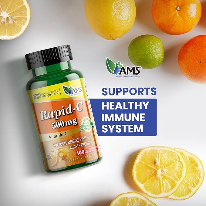 America Medic & Science Rapid-C 500mg Vitamin C Supplement 500 Tablets (5 Pack of 100 Tablets) Daily Immune System Support, Antioxidant | Vegan, Non-GMO Coated Ascorbic Acid for Adult Men & Women