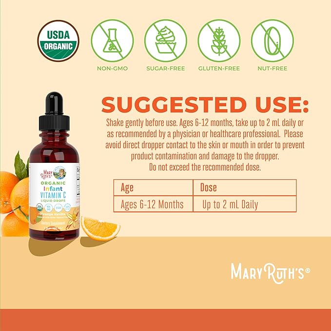 MARYRUTH'S Infant & Baby Vitamin C Supplement | USDA Organic Vitamin C Liquid Drops for Infants | Ages 6-12 Months | Immune Support | Overall Health | Vegan | Non-GMO | Gluten Free | 2 Fl Oz