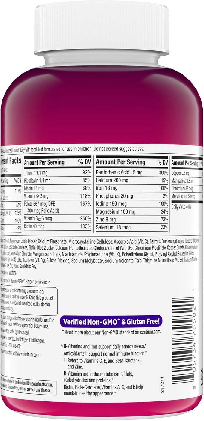 Centrum Multivitamin for Women, Multimineral Supplement with Iron, Vitamin D3, B Vitamins and Antioxidant Vitamins C and E, Gluten Free, Non-GMO Ingredients - 250 Count