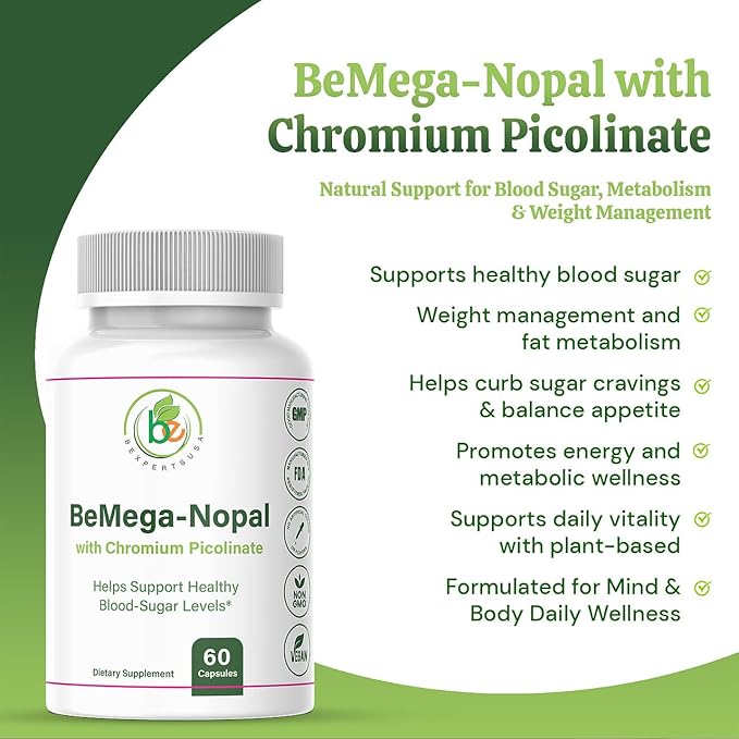 BMega Nopal with Chromium Picolinate - Supports Metabolism & Nutrient Balance - Natural Plant-Based Supplement Helps Support Healthy Blood Sugar Levels & Wellness - 60 Capsules