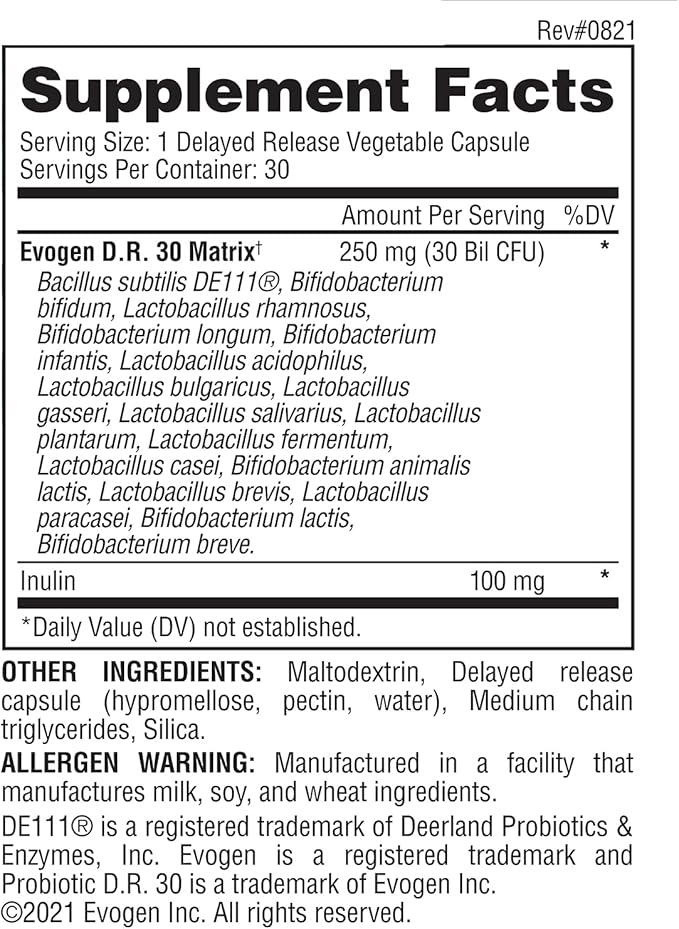 Evogen Probiotic D.R. 30 | Delayed Release Gut Flora Optimizer | Supports Immunity, Digestion, & Health | 30 Billion CFUs | 30 Capsules