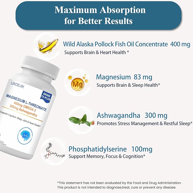 Magnesium L-Threonate, 2000mg Magnesium Supplement - Non-GMO, Gluten-Free, 120 Capsules