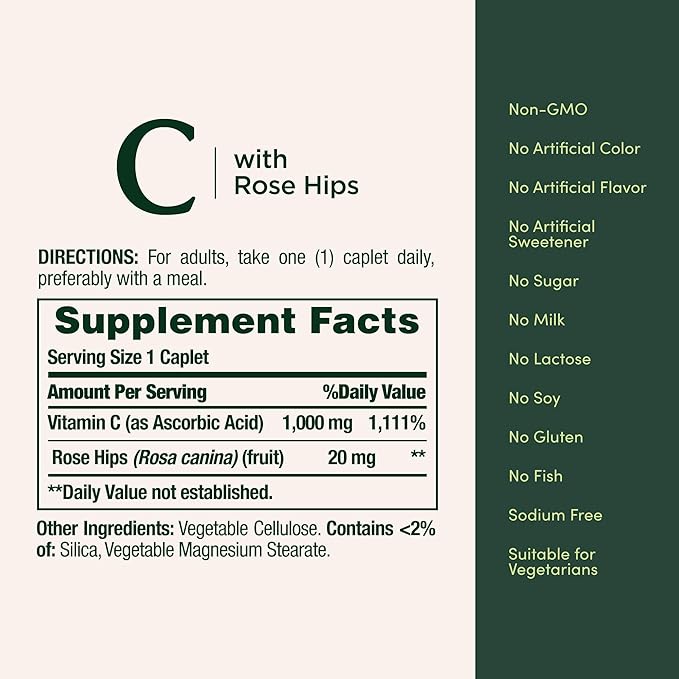 Nature’s Bounty Vitamin C + Rose HIPS, Immune Support, 1000mg Vitamin C, Coated Caplets, 1 Serving per Day, Vegetarian Caplets, 100 Ct
