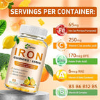 Iron Supplement Gummies, 65mg Iron and 250mg Vitamin C for Women Men Kids, Natural Vegan with Vitamin A, B-Complex, Biotin, Zinc & Folate Energy Support & Immune Health, 60 Count