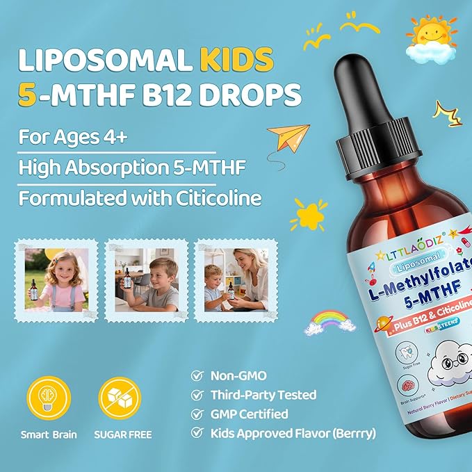 Liposomal L-Methylfolate 5-MTHF Liquid for Kids & Teens – High Absorption Methylated Folate with Citicoline & Methyl B12 – Supports Focus, Clarity & Cognitive Development – Sugar-Free Berry – 2 fl oz