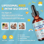 Liposomal L-Methylfolate 5-MTHF Liquid for Kids & Teens – High Absorption Methylated Folate with Citicoline & Methyl B12 – Supports Focus, Clarity & Cognitive Development – Sugar-Free Berry – 2 fl oz