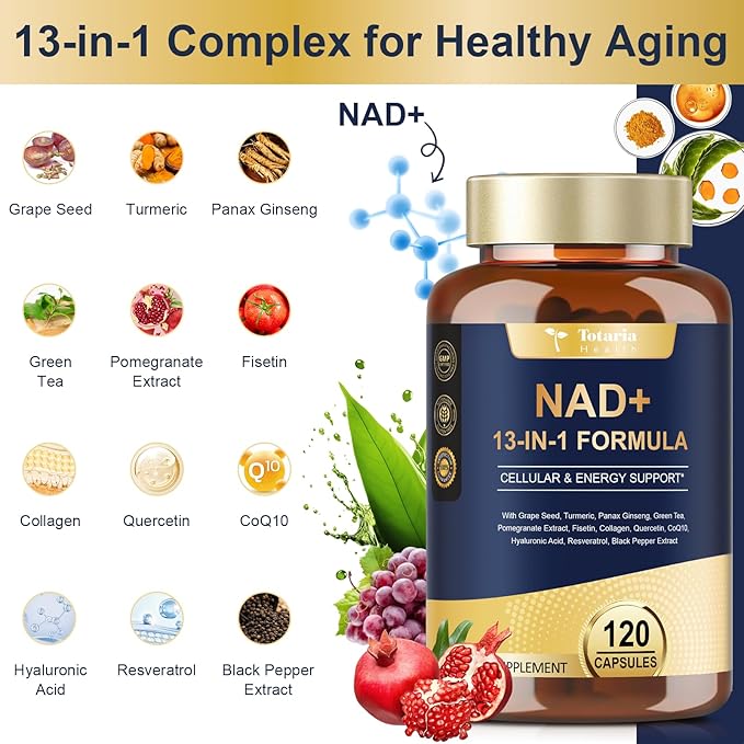 Totaria NAD Supplement for Women Men with nicotinamide riboside resveratrol,Quercetin, Betaine Boost NAD+ Levels NAD Plus Supplement for Anti Aging, Energy, Immune, Focus 120 Capsules