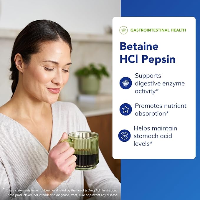Pure Encapsulations Betaine HCl Pepsin - Digestive Enzymes Supplement for Digestion Aid & Support, Stomach Acid & Nutrient Absorption* - with Betaine HCl Pepsin - 250 Capsules