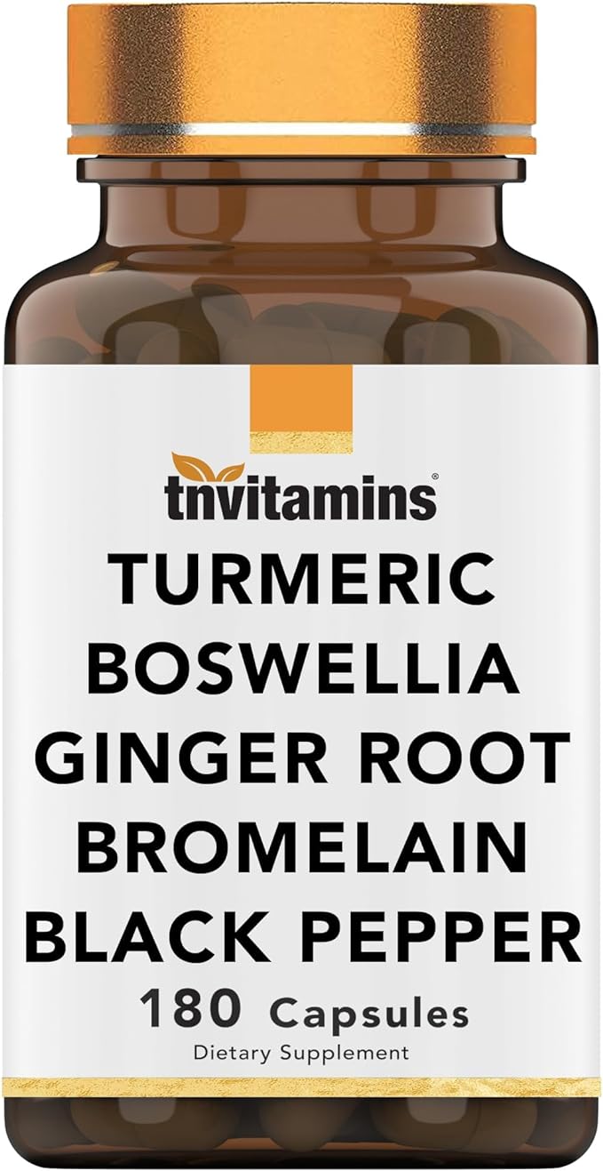tnvitamins Turmeric & Boswellia Complex (180 Capsules) with Ginger Root, Bromelain, & Black Pepper Extract | Joint-Ease Formula: Powerful Joint Support Supplement* | Produced in The USA