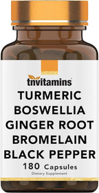 tnvitamins Turmeric & Boswellia Complex (180 Capsules) with Ginger Root, Bromelain, & Black Pepper Extract | Joint-Ease Formula: Powerful Joint Support Supplement* | Produced in The USA