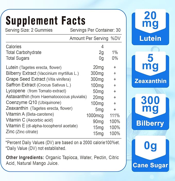 20mg Lutein & Zeaxanthin Gummies with Bilberry, Astaxanthin, Omega 3, Vitamin C, E - Sugar Free Eye Health Supplement for Adults & Kids - Dry Eye Relief, Vision Clarity, Macular Support