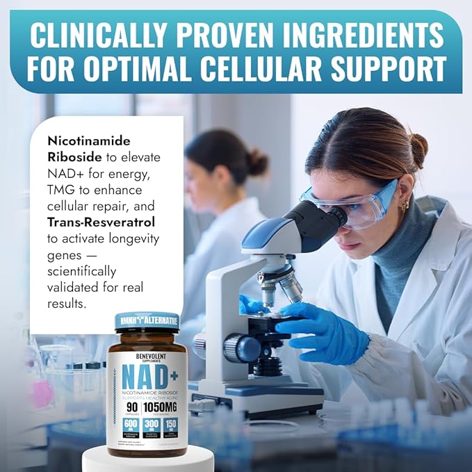 Benevolent NAD+ Supplement 1050mg, Max Absorption 3in1 NAD Supplements for Women & Men with Nicotinamide Riboside, Trans-Resveratrol & TMG, NAD Plus for Cellular Energy, Brain Support & Aging, 90 Caps
