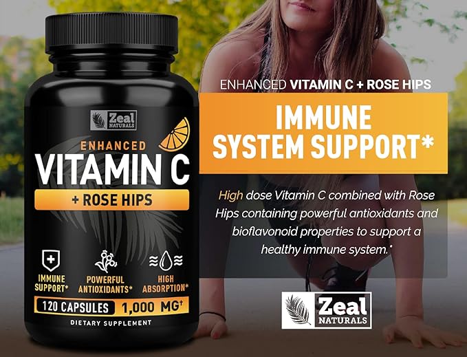Vitamin C with Rose Hips 1000mg - Pure Ascorbic Acid Supplement - High Dose Vitamin C Capsules for Immune Support - 120 Count