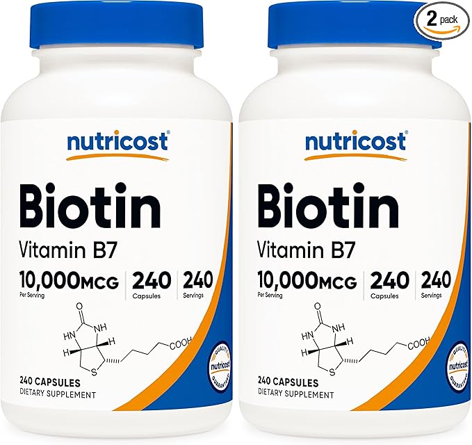 Nutricost Biotin (Vitamin B7) 10,000mcg (10mg) Vitamin Supplement, 240 Capsules - Vegetarian, Gluten Free, Quick Release, Non-GMO (Pack of 2)