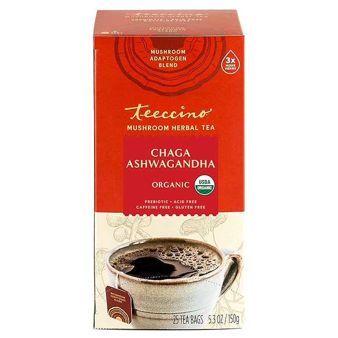 Teeccino Organic Mushroom Herbal Tea, Chaga Ashwagandha, Butterscotch Cream, Caffeine Free, 25 Tea Bags, 5.3 oz (150 g)