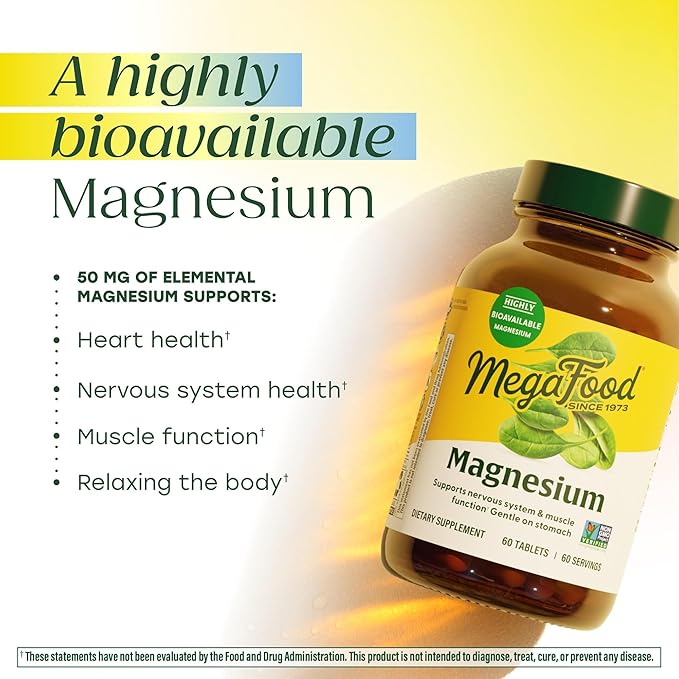 MegaFood Magnesium Supplement with Fermented Magnesium Glycinate - Chelated - Supports Heart & Nervous System - Vegan Gluten-Free Non-GMO Kosher - Made Without 9 Food Allergens - 60 Tablets