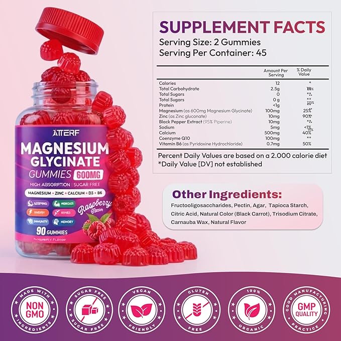 Magnesium Glycinate Gummies 600mg, Sugar Free Magnesium Gummy for Women, Men & Kids, High Absorption Magnesium Supplement for Muscle, Brain Support and Relaxation, Vegan, Non-GMO, 90 Count