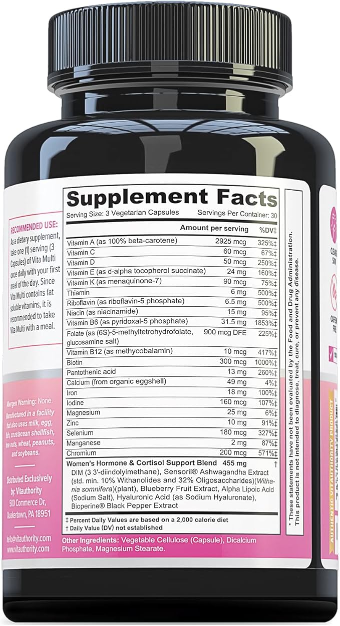 Vitauthority Multivitamin for Women Women’s Daily Multi-Vitamin Supplement with DIM, Iodine, Ashwagandha Supports Youthful Complexion, Healthy Cortisol and Estrogen Balance 30 Day Supply