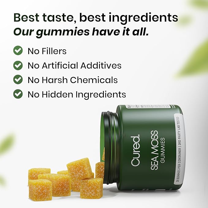 Cured Sea Moss Gummies | Made in America w/Raw Sea Moss, Bladderwrack, & Burdock Root | Potent Seamoss Gummies for Immune, Gut, & Skin Health | 3X Stronger Than Gel | 30 Day Supply