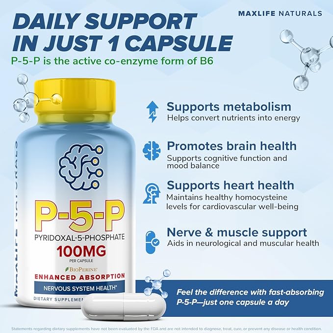 P5P Pyridoxal-5-Phosphate B6 100mg Active, Vitamin B6 Supplement High Potency Bioavailable P5P Supplement Capsules Supports Energy, Nerve Health & Amino Acid - 240 Easy-to-Swallow Capsules