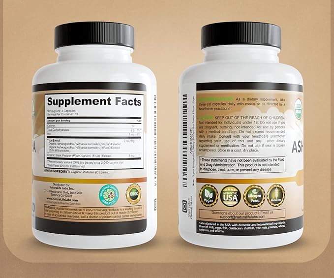 NaturaLife Labs Organic Ashwagandha 2100 mg per Serving – Full Spectrum Root Powder and Standardized Extract (Withanolides) – 100 Capsules – Vegan – Non-GMO, Gluten-Free (2 Pack)