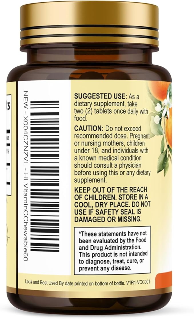 Vitamin C 1000mg Per Serving - Extra Strength with Rose Hips Bioflavonoids - Sugar Free Vitamin C Chewable Pills, Vit C Supplement for Immune Support & Antioxidant, USA Bottled - 60 Chewable Tablets