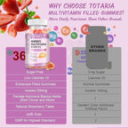 Totaria Sugar Free Multivitamin Gummies for Women 14+ w/Iron, Inositol, Folate, Biotin, Womens Daily Multivitamin Gummy w/Vitamin A, C, B, D3, K2, for Hair, Skin, Energy, Immune, Strawberry Flavor