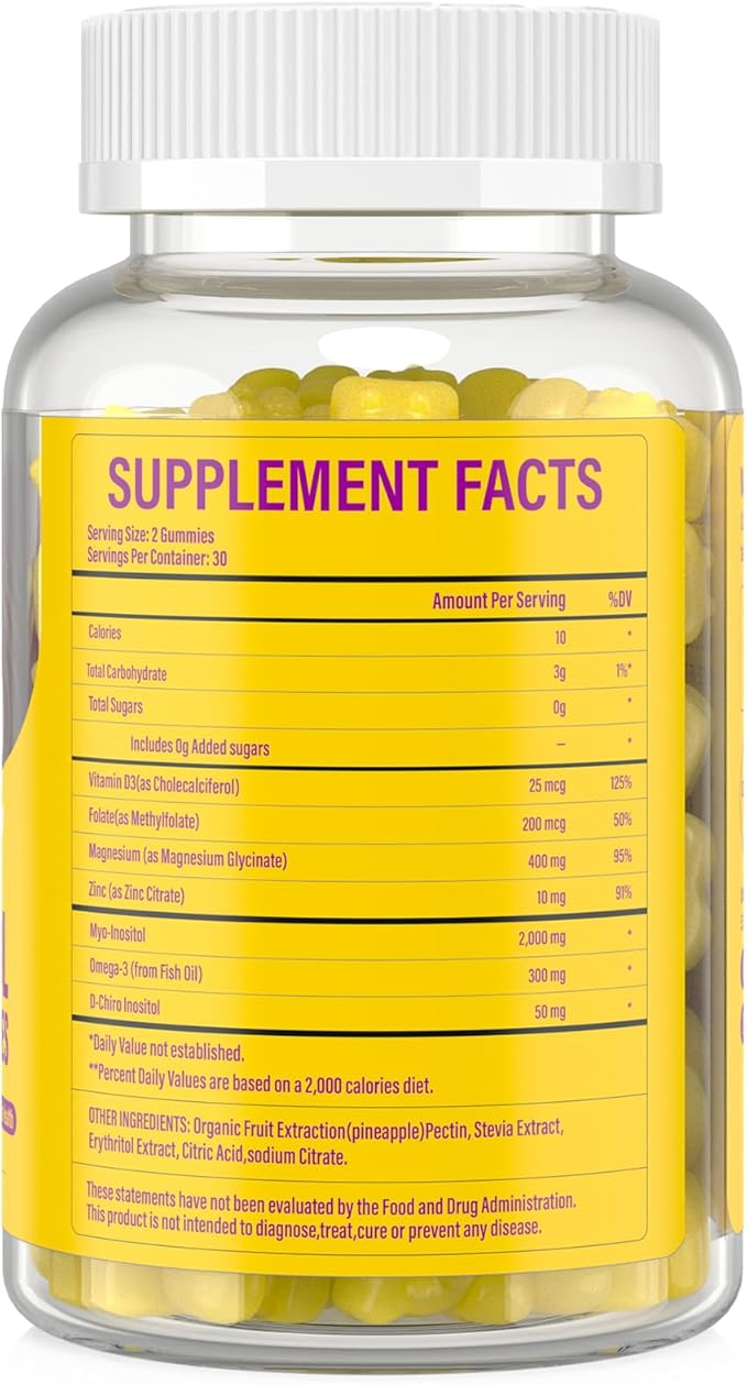 Myo-Inositol & D-Chiro Inositol,Inositol Gummies with Vitamin D3, Magnesium Glycinate, Omega-3, Folate & Zinc, Inositol Supplement Menstrual Cycle for Women-40:1 Ratio-30 Day Supply