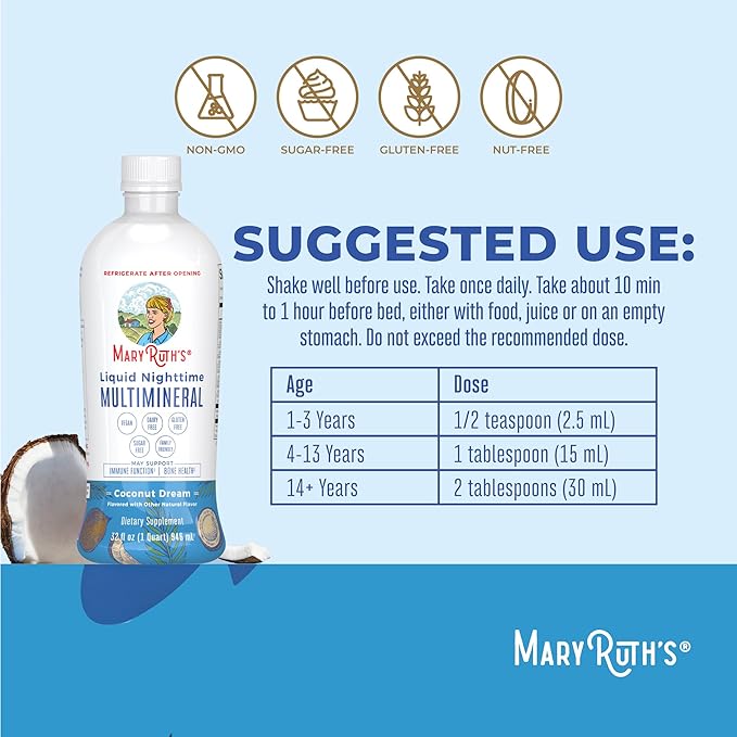 MaryRuth's Liquid Nighttime Multimineral | No Melatonin | Bedtime Routine | Magnesium Citrate | Calcium | Zinc | Vitamin D3| Available in 4 Flavor - Vegan | Sugar Free | Gluten Free | 32 Oz