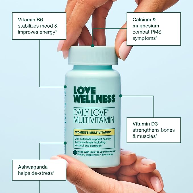 Love Wellness Daily Love Multivitamin for Women | Supports Energy, Cortisol, Immune Health, Stress Relief, & PMS | Complete with Vitamin D, C, Iron, Calcium, Zinc, & Biotin, Magnesium | 60 Count