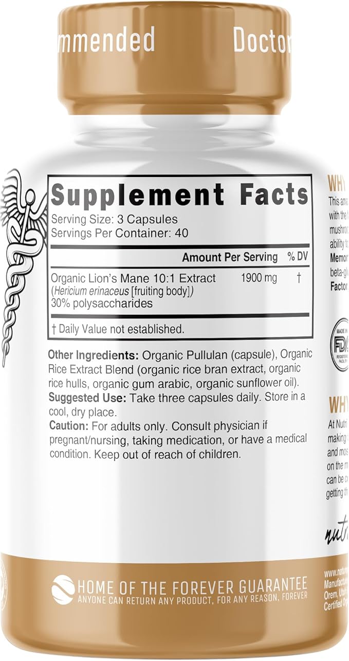 Nutri Organic Lions Mane Supplement Capsules - 1900 mg, 10:1 Dual Extraction, 120 Count - Certified Organic Mushroom Extract (Fruiting Body) - Third Party Tested - Cognitive Support, Heart Health