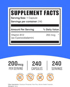 BulkSupplements.com Vitamin B12 Capsules - as Cyanocobalamin, Vitamin B Supplement, Vitamin B12 200 mcg - Energy Vitamins, Gluten Free, 1 Capsule per Serving, 240 Capsules (Pack of 1)