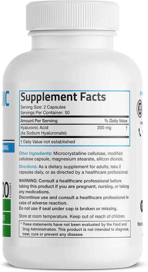 Bronson Hyaluronic Acid 200 MG High Potency Joint Health & Healthy Skin Support, Non-GMO, 100 Vegetarian Capsules