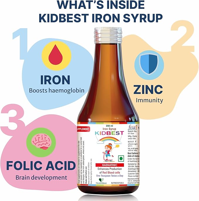 HealthBest Liquid Iron Syrup for Kids – Triple Action with Folic Acid and Zinc – Boosts Hemoglobin, Appetite, and Immunity – No Metallic Taste – 200ml Liquid Supplement, Safe & Effective
