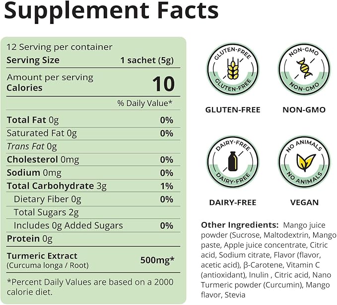 Nano Turmeric Curcumin Drink Powder Supplements–Mango Flavor Daily Morning Routine Immunity Wellness Shot, Gut Health & Joint Support - No Added Sugar, Vegan, Gluten-Free, Non-GMO,12 Sachets