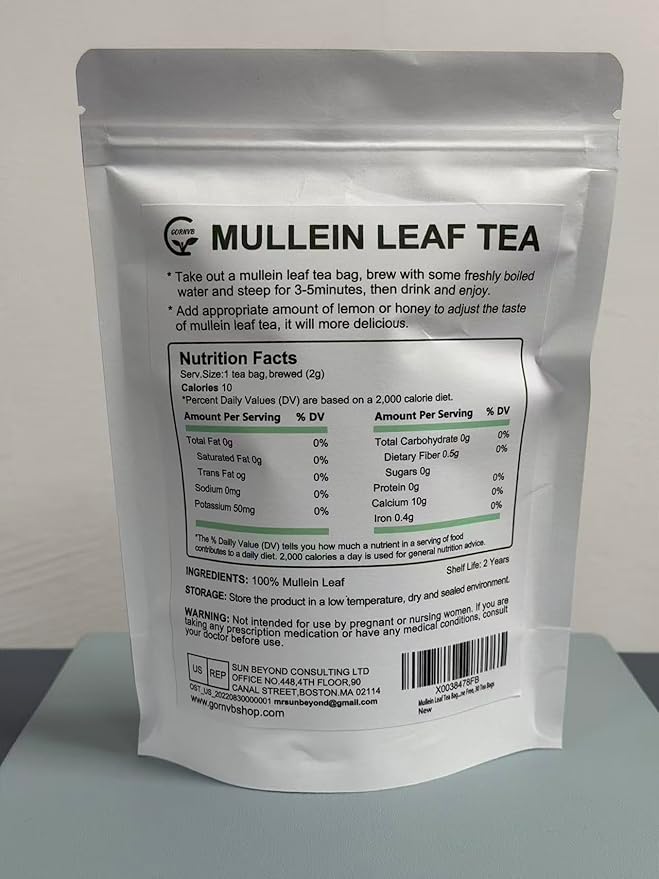Mullein Leaf Tea Bags - Lungs Cleanse and Respiratory Support, Herbal Teas, Caffeine Free, 30 Tea Bags