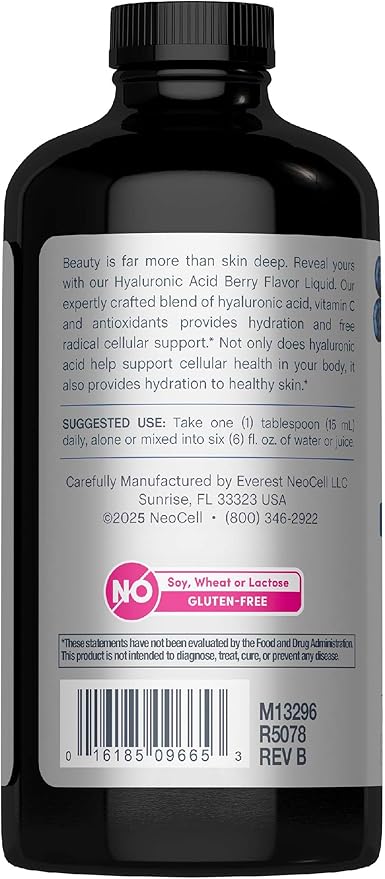 NeoCell Liquid Hyaluronic Acid | 16 fl oz | with Vitamin C | Skin Hydration | Antioxidant Supplement | Blueberry Flavor
