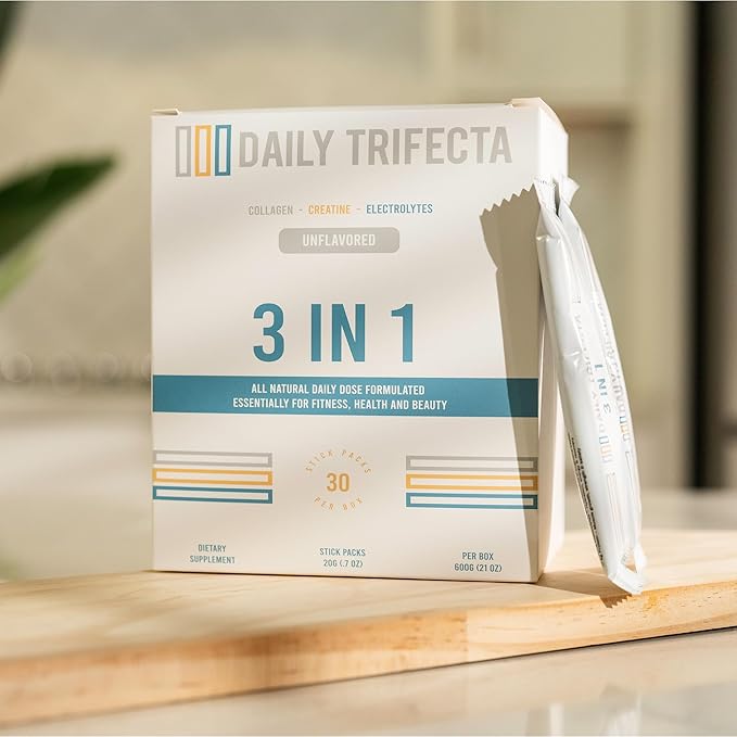 DAILY TRIFECTA 3-in-1 Collagen, Creatine & Electrolyte Stick Packs | Type I Collagen, Creatine Monohydrate, Zero Sugar | 30 Natural Single-Serve Packets | Strength, Hydration & Recovery (Unflavored)