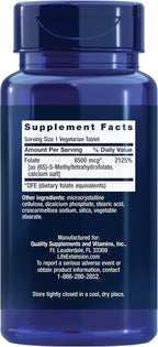 Life Extension High Potency Optimized Folate – L-methylfolate – Folic Acid, 8500 mcg DFE – Heart & Brain Support, Healthy Homocysteine Levels – Gluten-Free, Non-GMO, Vegetarian – 30 Tablets