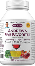 ANDREW LESSMAN Andrew's Five Favorites 30 Capsules - Provides 200mg Each of Coenzyme Q-10, Resveratrol, EGCG, Pomegranate and Alpha Lipoic Acid, Powerful Anti-Oxidant Support, No Additives