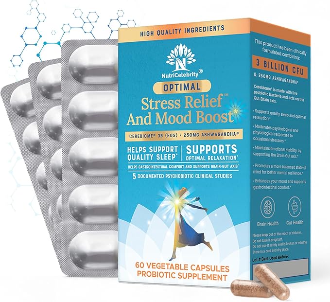 Nutricelebrity Optimal Stress Relief Supplement, Mood Support, Sleep Aid, Ashwagandha Organic, KSM-66, Brain Focus, Probiotics for Women, Gut Health, Vegan Non GMO 60 Days Supply